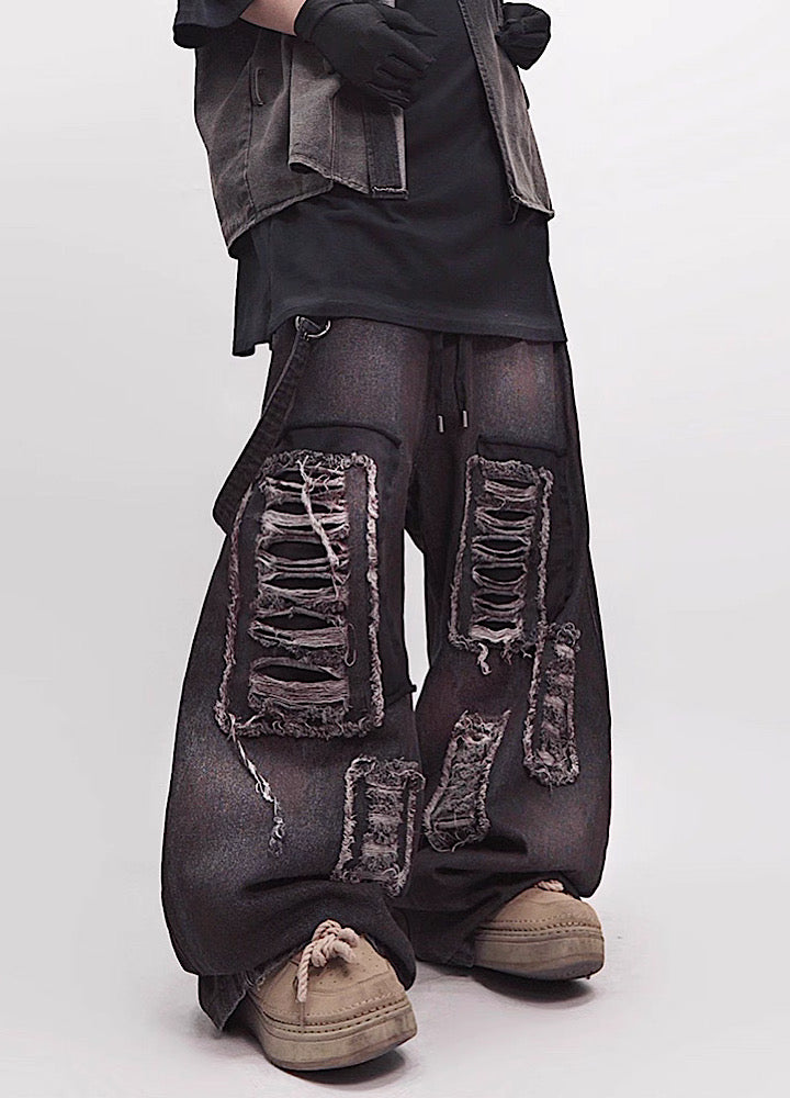 【UUCSCC】Vintage bread color wide silhouette damaged denim pants  US0106