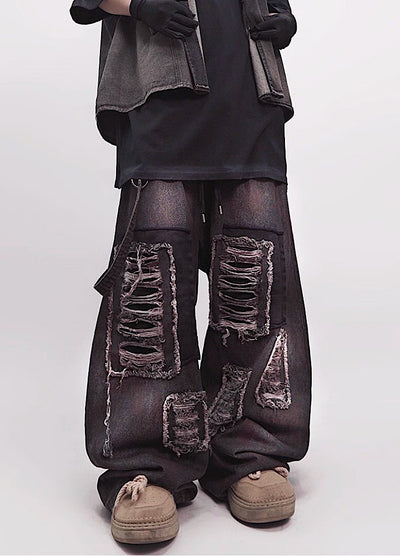 【UUCSCC】Vintage bread color wide silhouette damaged denim pants  US0106