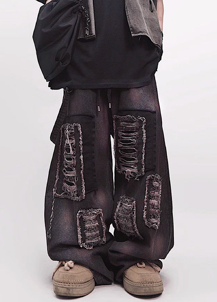 【UUCSCC】Vintage bread color wide silhouette damaged denim pants  US0106