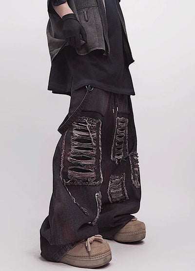 【UUCSCC】Vintage bread color wide silhouette damaged denim pants  US0106