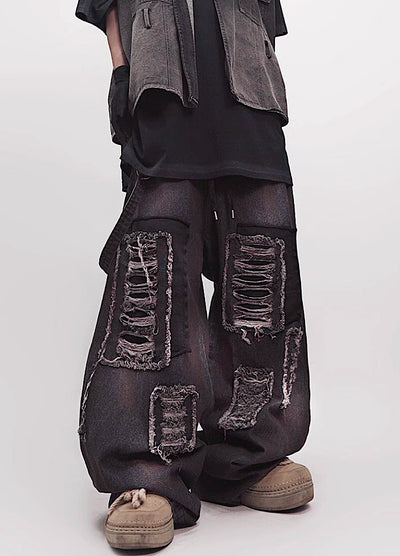 【UUCSCC】Vintage bread color wide silhouette damaged denim pants  US0106