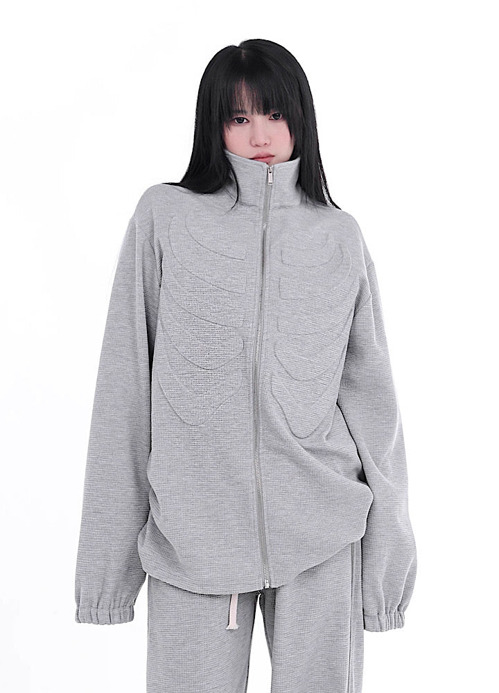 【YUBABY】Bone translucent design full zip rip knit sweater  YU0027