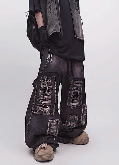 【UUCSCC】Vintage bread color wide silhouette damaged denim pants  US0106