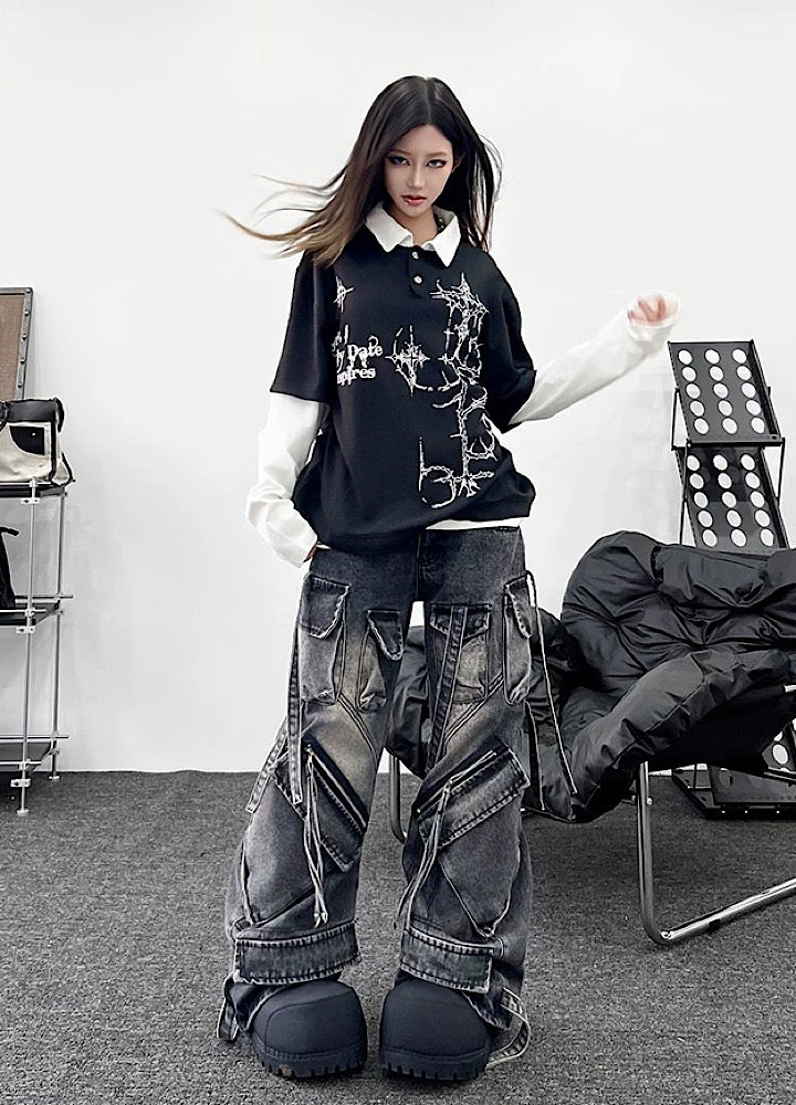 【TR BRUSHSHIFT】Multi-pocket washed cargo denim pants  TB0062