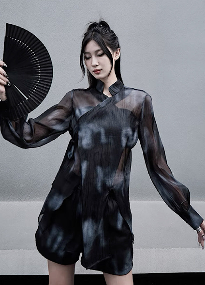 【CHICLINE】Cozen Color Round Neck Half pleats Dress K278062 Stylish Metallic Pleated Chiffon A-Line Dress with