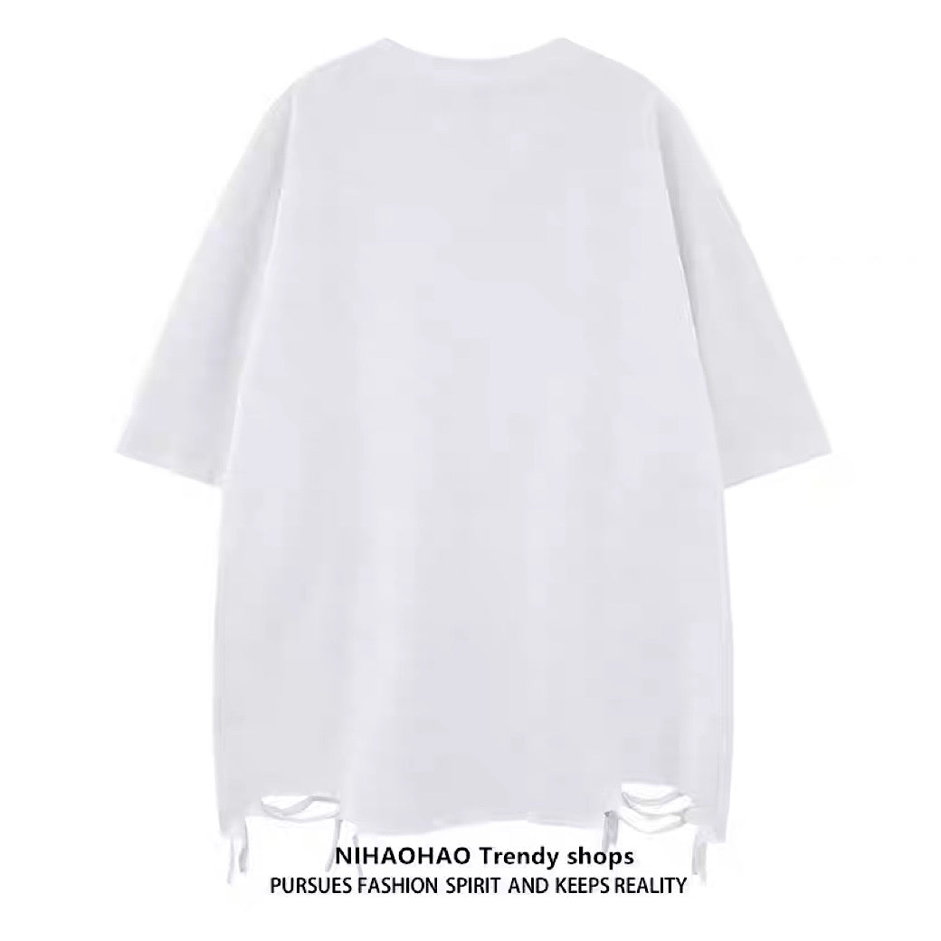 【NIHAOHAO】Dark blue front design mid-distressed short-sleeved T-shirt  NH0218