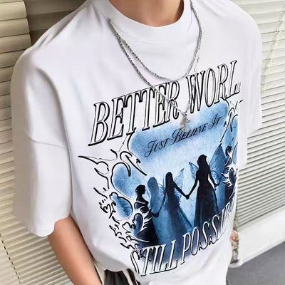 【NIHAOHAO】Dark blue front design mid-distressed short-sleeved T-shirt  NH0218