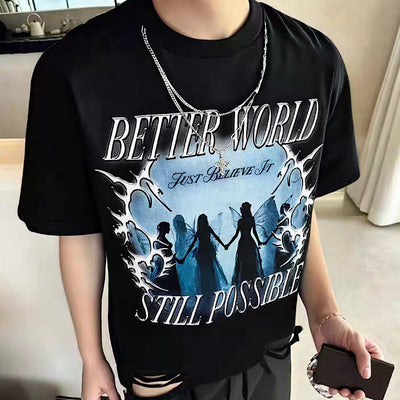 【NIHAOHAO】Dark blue front design mid-distressed short-sleeved T-shirt  NH0218