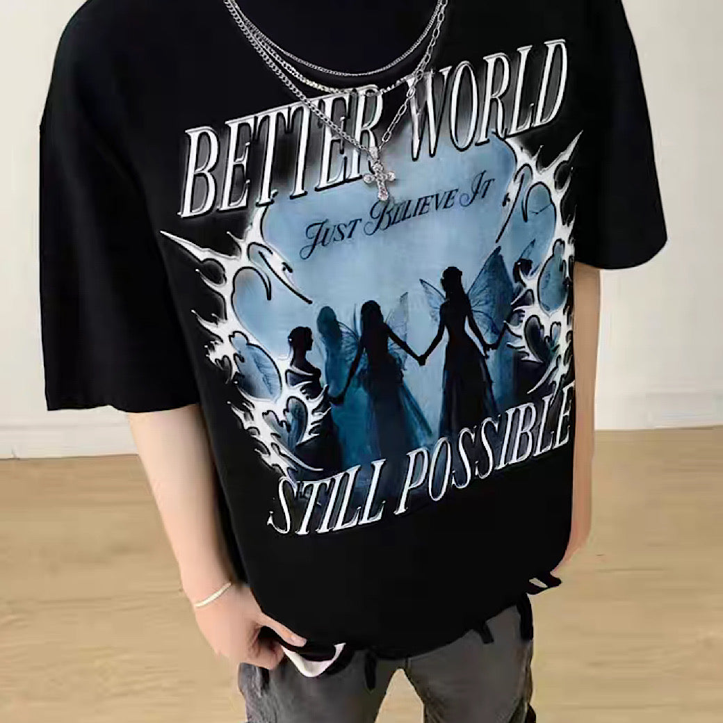 【NIHAOHAO】Dark blue front design mid-distressed short-sleeved T-shirt  NH0218