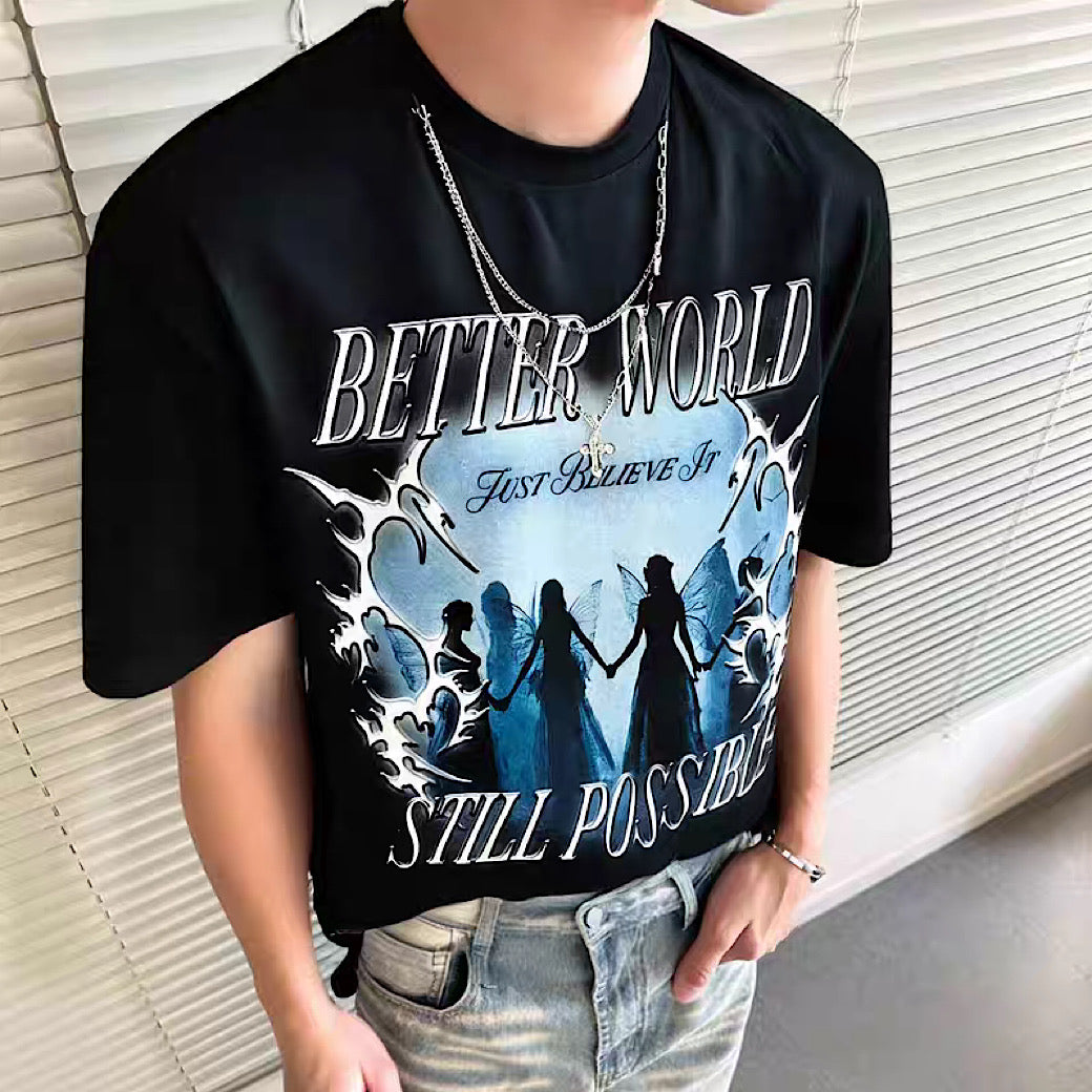 【NIHAOHAO】Dark blue front design mid-distressed short-sleeved T-shirt  NH0218