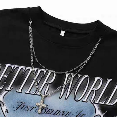 【NIHAOHAO】Dark blue front design mid-distressed short-sleeved T-shirt  NH0218
