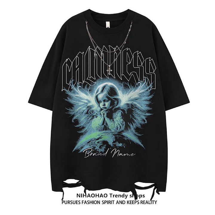 NIHAOHAO】Dark Angel Illustration Navy Over-Damaged Short Sleeve T