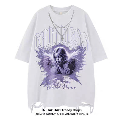 【NIHAOHAO】Dark Angel Illustration Navy Over-Damaged Short Sleeve T-Shirt  NH0219