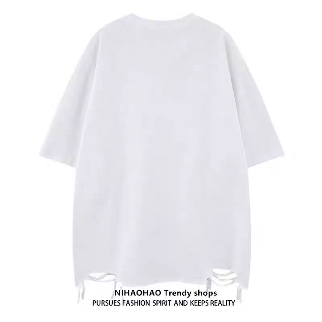 【NIHAOHAO】Dark Angel Illustration Navy Over-Damaged Short Sleeve T-Shirt  NH0219