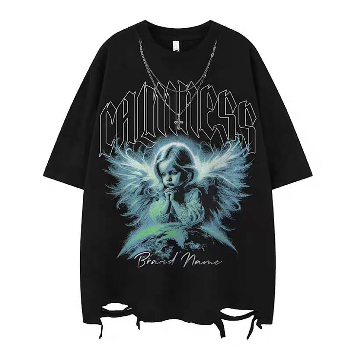 NIHAOHAO】Dark Angel Illustration Navy Over-Damaged Short Sleeve T