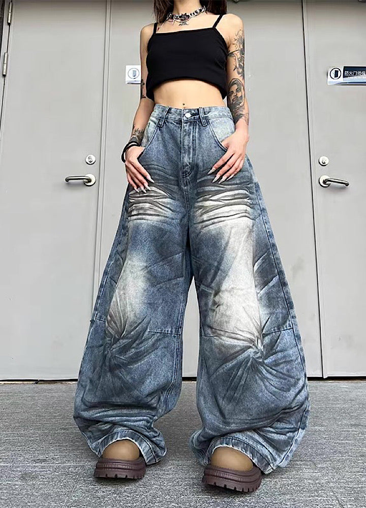 【TR BRUSHSHIFT】Randomly distressed washed wide silhouette blue denim pants  TB0064