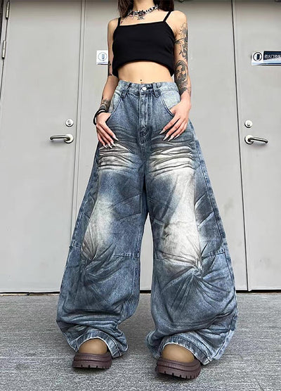 【TR BRUSHSHIFT】Randomly distressed washed wide silhouette blue denim pants  TB0064