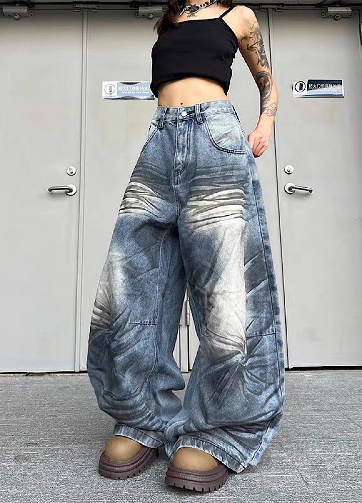 【TR BRUSHSHIFT】Randomly distressed washed wide silhouette blue denim pants  TB0064