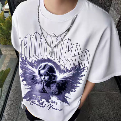 【NIHAOHAO】Dark Angel Illustration Navy Over-Damaged Short Sleeve T-Shirt  NH0219