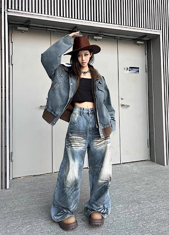 【TR BRUSHSHIFT】Randomly distressed washed wide silhouette blue denim pants  TB0064