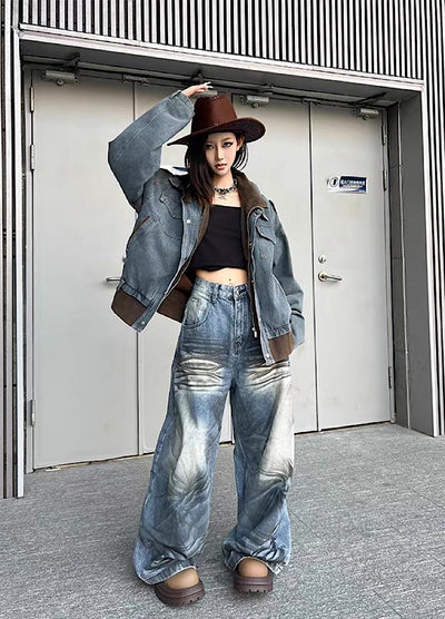 【TR BRUSHSHIFT】Randomly distressed washed wide silhouette blue denim pants  TB0064