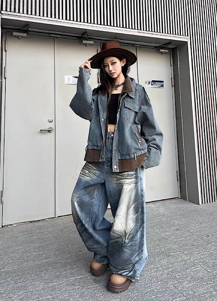 【TR BRUSHSHIFT】Randomly distressed washed wide silhouette blue denim pants  TB0064