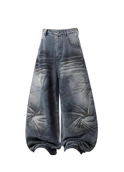 【TR BRUSHSHIFT】Randomly distressed washed wide silhouette blue denim pants  TB0064