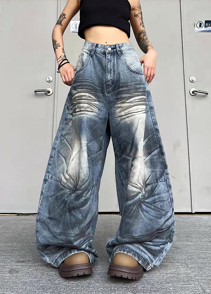 【TR BRUSHSHIFT】Randomly distressed washed wide silhouette blue denim pants  TB0064