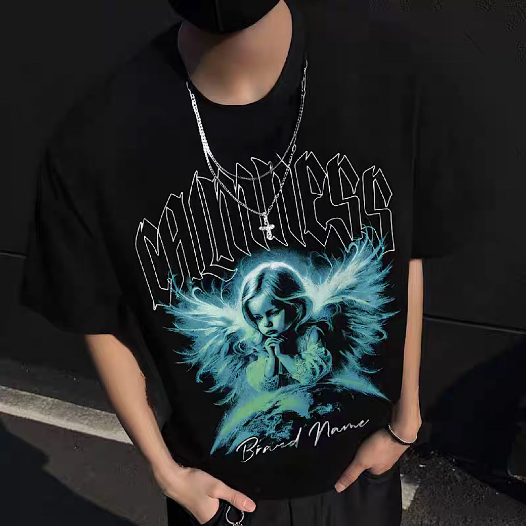 【NIHAOHAO】Dark Angel Illustration Navy Over-Damaged Short Sleeve T-Shirt  NH0219