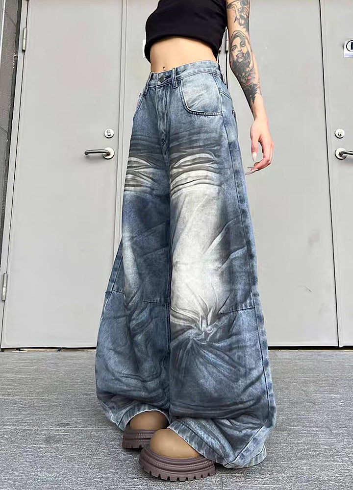 【TR BRUSHSHIFT】Randomly distressed washed wide silhouette blue denim pants  TB0064