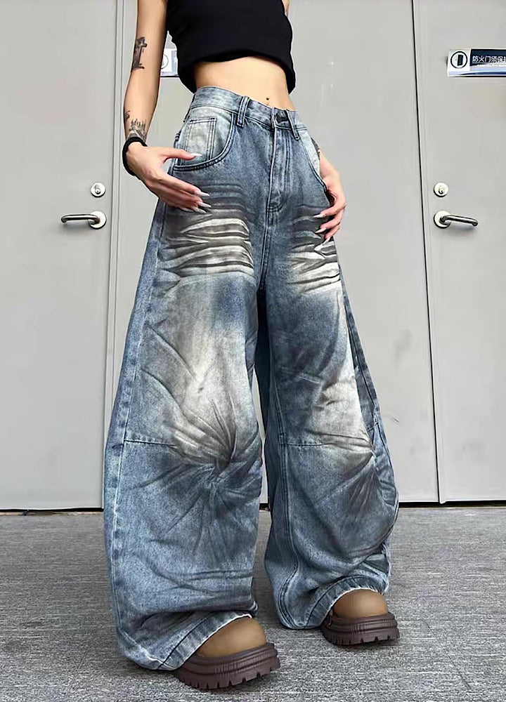 【TR BRUSHSHIFT】Randomly distressed washed wide silhouette blue denim pants  TB0064