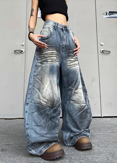 【TR BRUSHSHIFT】Randomly distressed washed wide silhouette blue denim pants  TB0064