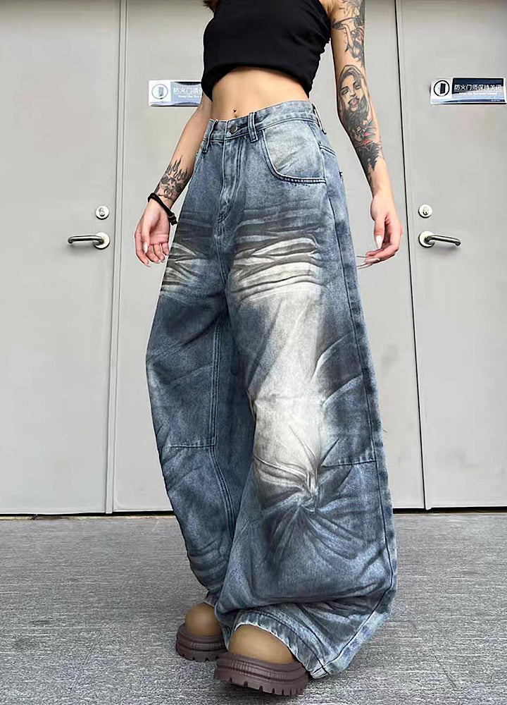 【TR BRUSHSHIFT】Randomly distressed washed wide silhouette blue denim pants  TB0064