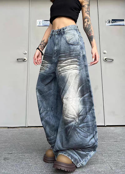 【TR BRUSHSHIFT】Randomly distressed washed wide silhouette blue denim pants  TB0064