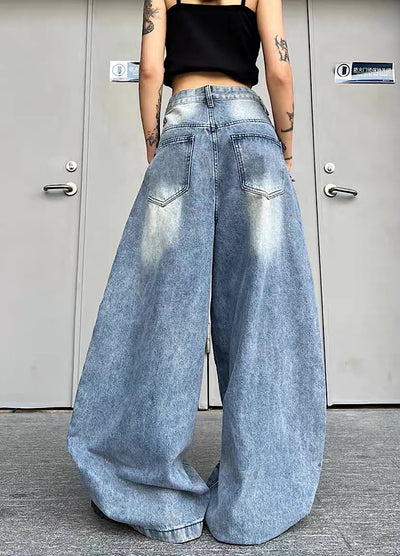 【TR BRUSHSHIFT】Randomly distressed washed wide silhouette blue denim pants  TB0064