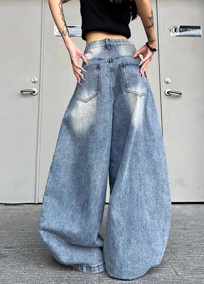 【TR BRUSHSHIFT】Randomly distressed washed wide silhouette blue denim pants  TB0064