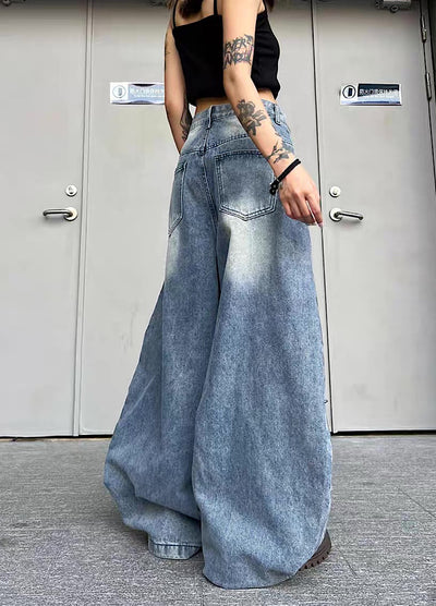 【TR BRUSHSHIFT】Randomly distressed washed wide silhouette blue denim pants  TB0064