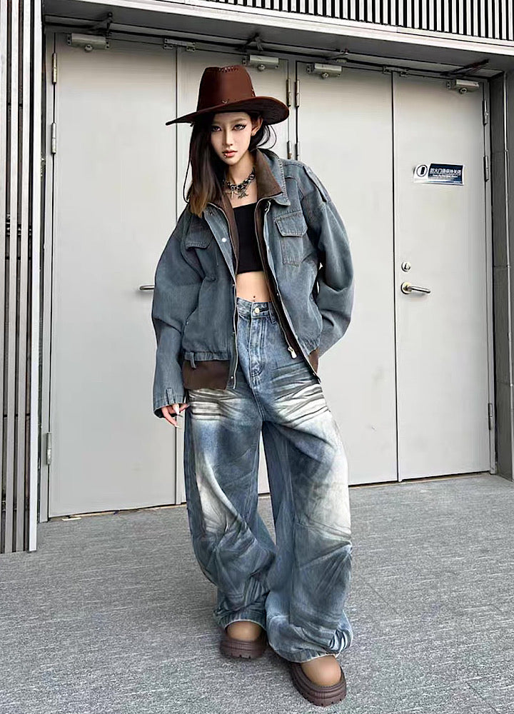 【TR BRUSHSHIFT】Randomly distressed washed wide silhouette blue denim pants  TB0064