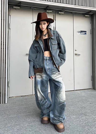 【TR BRUSHSHIFT】Randomly distressed washed wide silhouette blue denim pants  TB0064