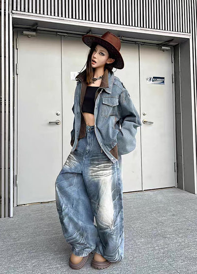 【TR BRUSHSHIFT】Randomly distressed washed wide silhouette blue denim pants  TB0064