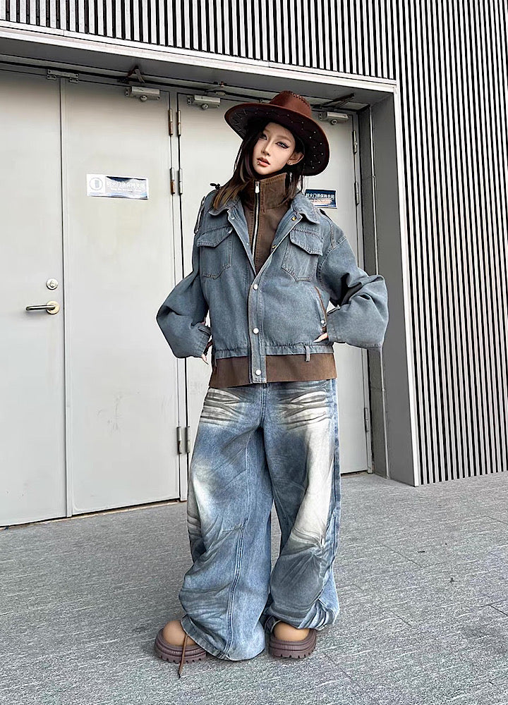 【TR BRUSHSHIFT】Randomly distressed washed wide silhouette blue denim pants  TB0064