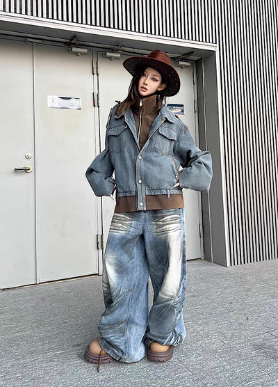 【TR BRUSHSHIFT】Randomly distressed washed wide silhouette blue denim pants  TB0064