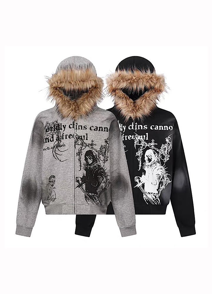 【TR BRUSHSHIFT】Subculture illustration design full zip fur jacket hoodie  TB0065