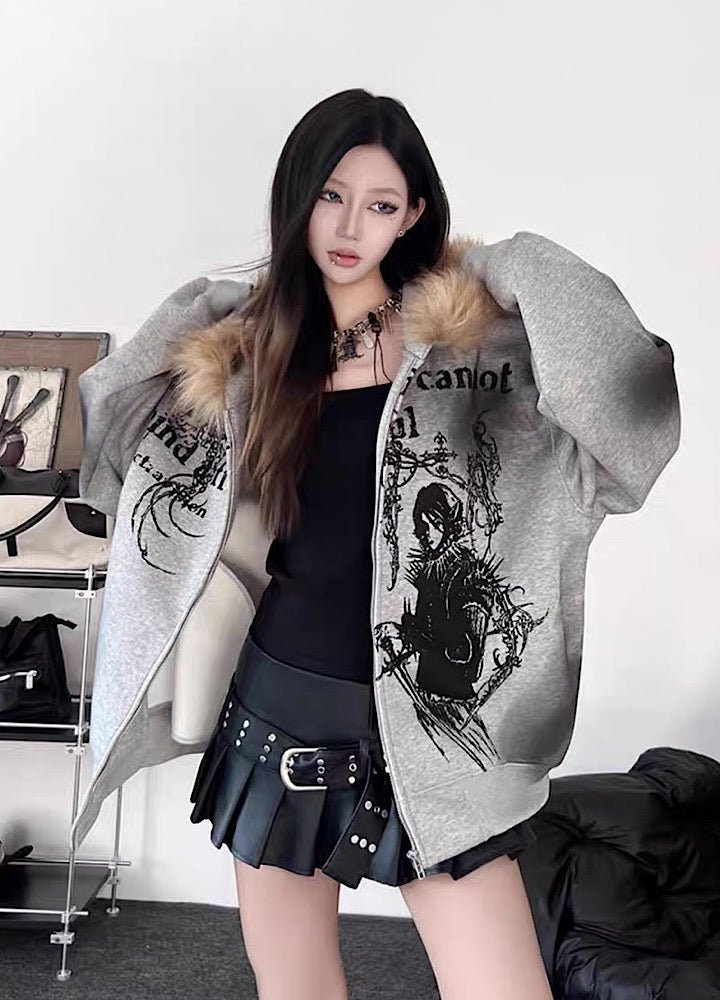 【TR BRUSHSHIFT】Subculture illustration design full zip fur jacket hoodie  TB0065