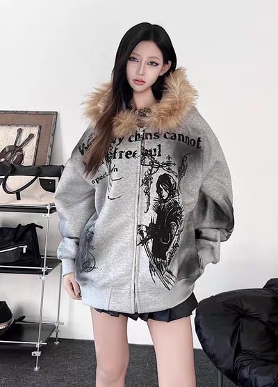 【TR BRUSHSHIFT】Subculture illustration design full zip fur jacket hoodie  TB0065