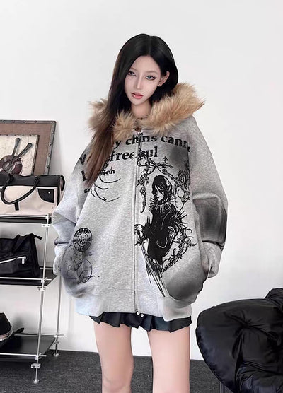 【TR BRUSHSHIFT】Subculture illustration design full zip fur jacket hoodie  TB0065