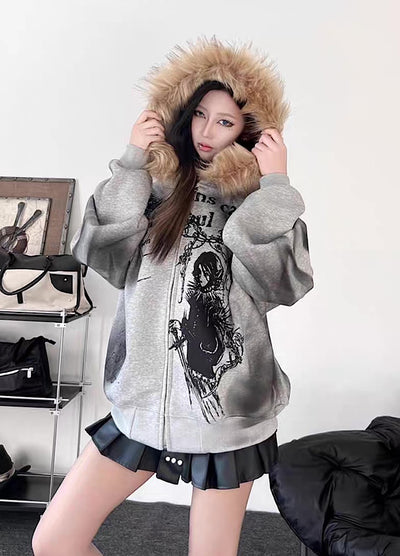 【TR BRUSHSHIFT】Subculture illustration design full zip fur jacket hoodie  TB0065