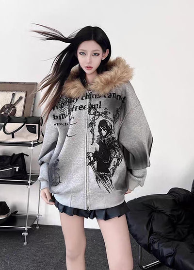 【TR BRUSHSHIFT】Subculture illustration design full zip fur jacket hoodie  TB0065