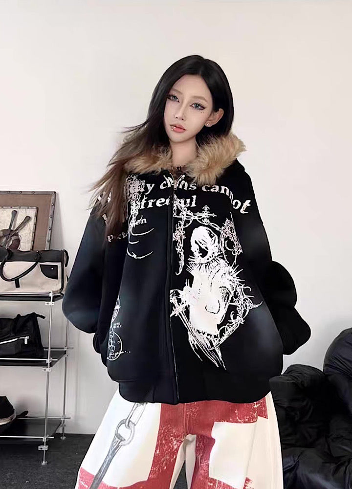 【TR BRUSHSHIFT】Subculture illustration design full zip fur jacket hoodie  TB0065