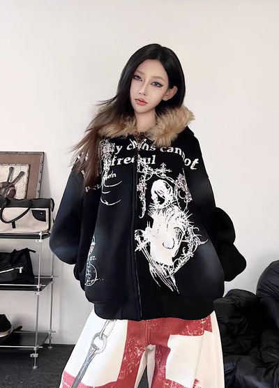 【TR BRUSHSHIFT】Subculture illustration design full zip fur jacket hoodie  TB0065